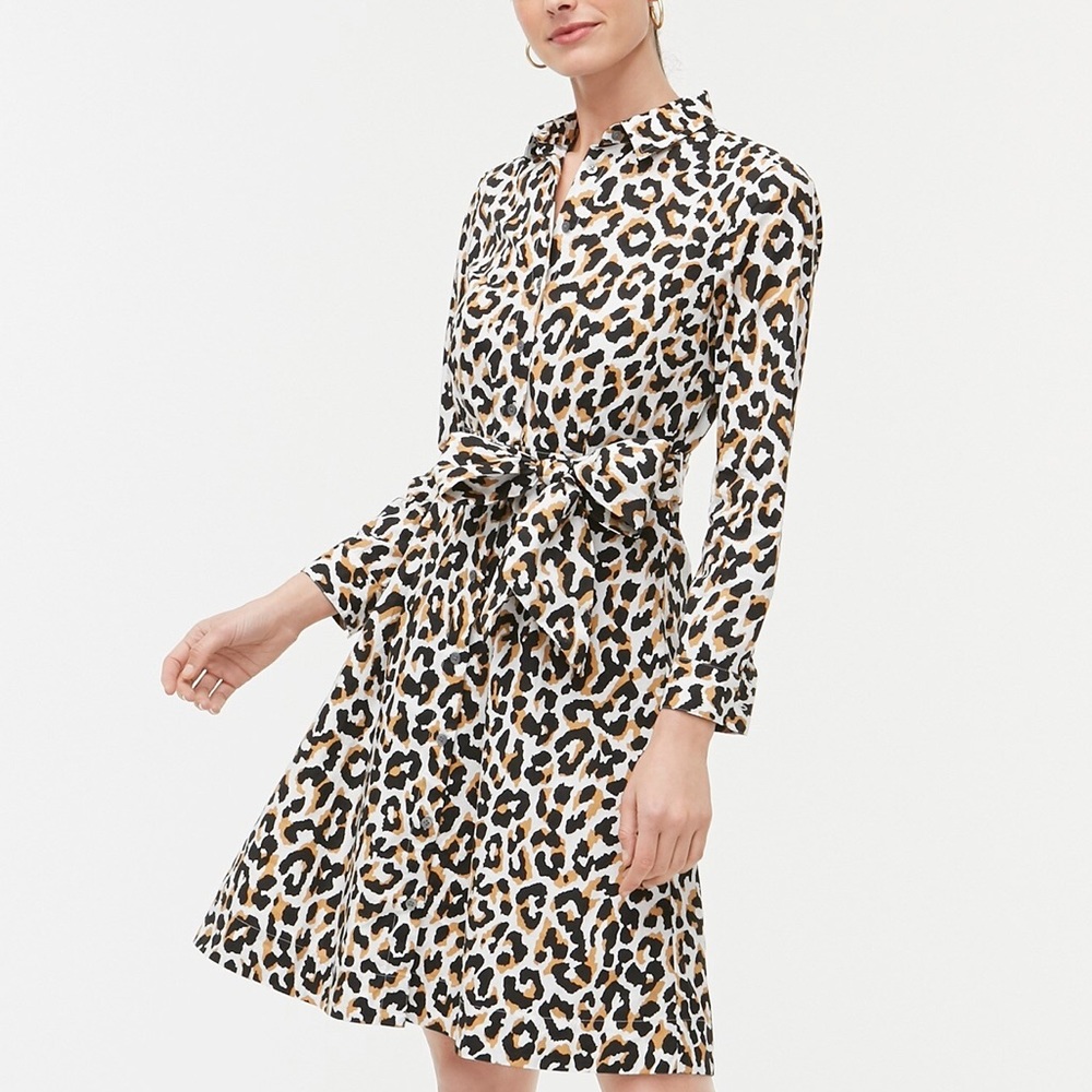 Leopard Print Shirt Dress with Tie Waist - White/Tan/Black